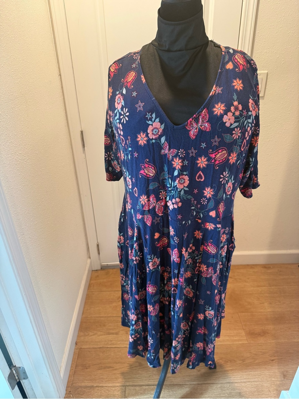 Torrid Navy Floral Jersey Dress with Pink & Coral Hearts & Blooms Accents
